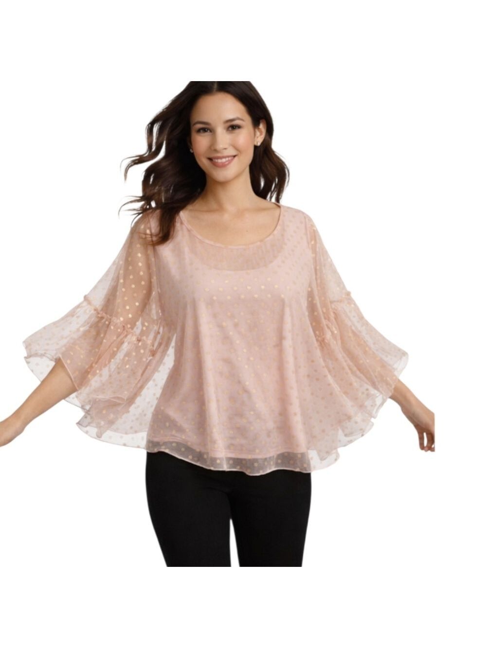 Worthington Blush Pink Gold Polka Dot Overlay Top – Size Large